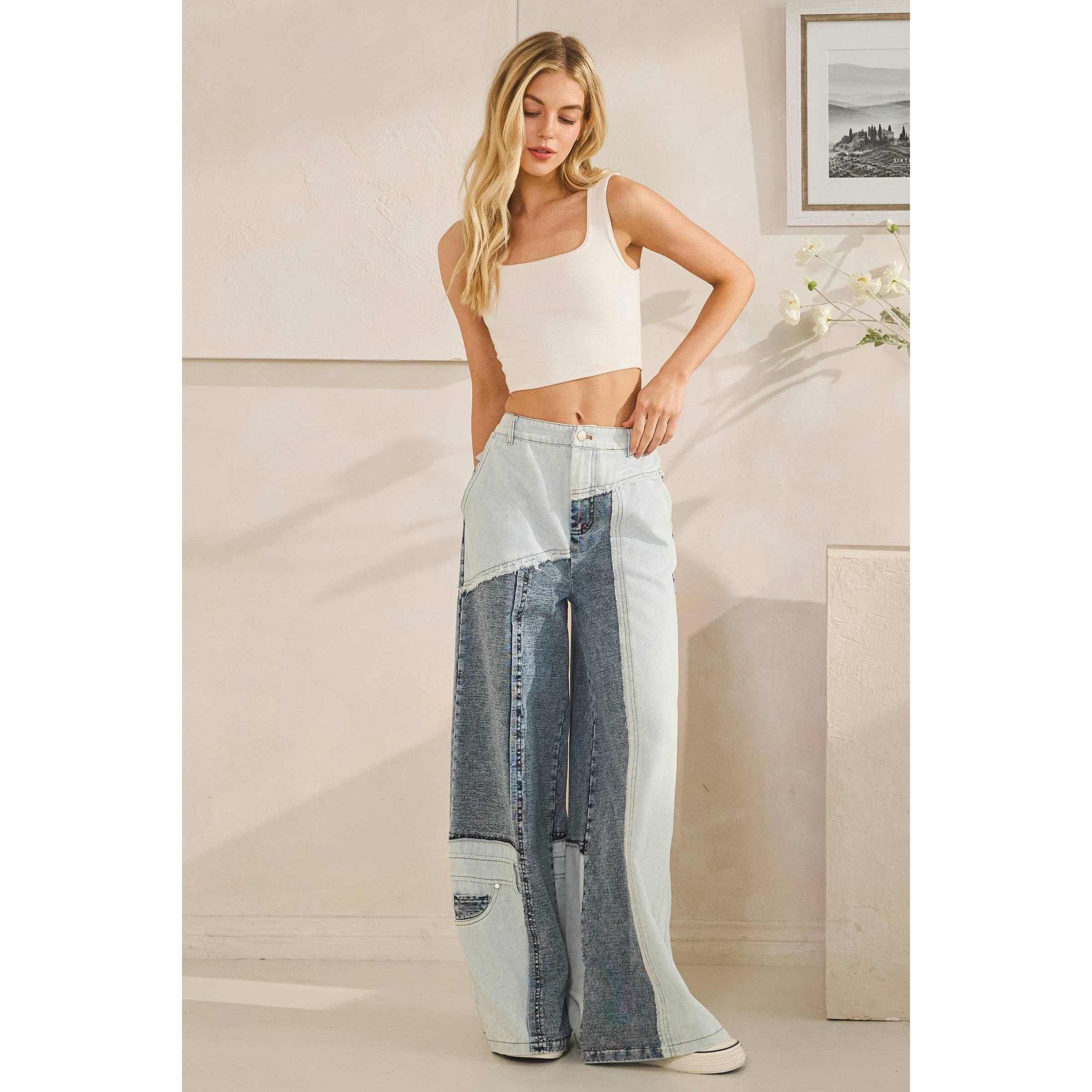 MEZCLILLA JEANS RECTOS ANCHOS DE MEZCLA DE DENIM LAVADO CON CONTRASTE de venta al por mayor en Faire3