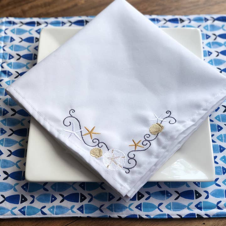 Napkins - Embroidered Coastal Beach Seashell - Set of Two for wholesale by Vibrantly Blue