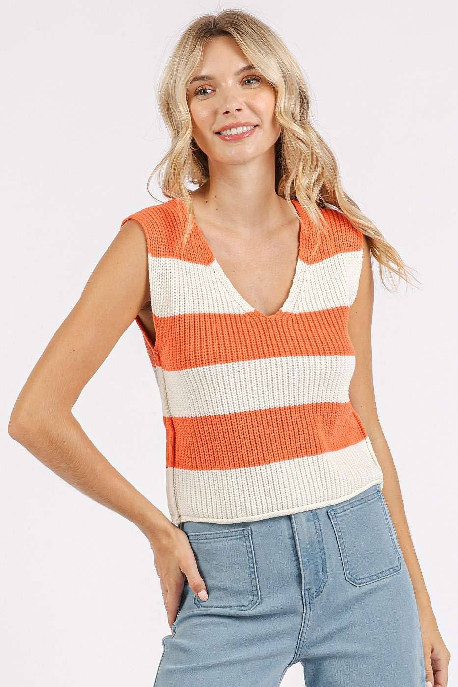 mittoshop - Wholesale Sweater Vest - Women's - STRIPED V-NECK CROPPED SWEATER VEST TOP28