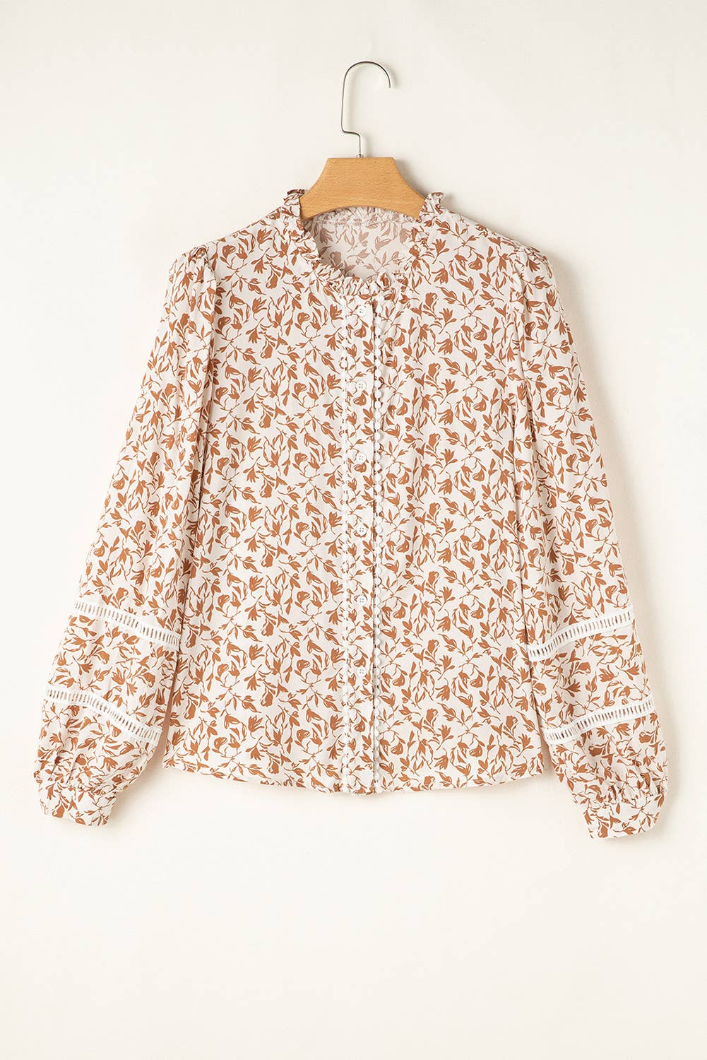 Lovesoft - Wholesale Buttoned-down shirt – Women's - Khaki Printed Lace Detail Floral Puff Sleeve Fall Shirt3