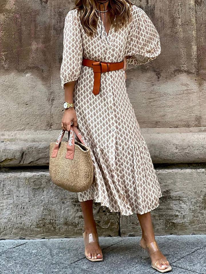 Brown Printed V-neck Dress for wholesale on Faire