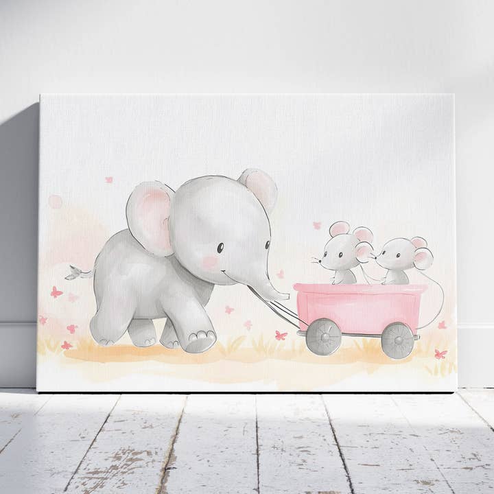 Cute Nursery Elephant & Friends Playtime - Framed Canvas Wall Art Print for wholesale by House Prints