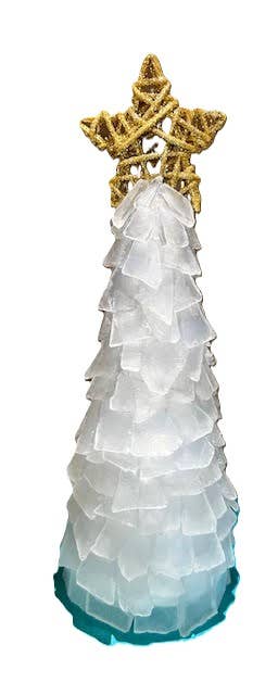A SEAGLASS CREATION/SALTY SIGNS DESIGNS – Decoração de Natal por atacado – Árvore de Natal de Vidro do Mar de 15 cm com Estrela de Vime e luzes4