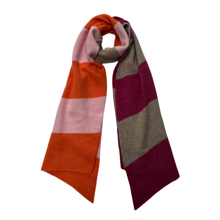 Merino Orange Pink Mushroom Stripe Scarf for wholesale by Penny Grace Knitwear