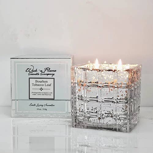 Bourbon Tobacco Leaf 18oz Mercury Cube for wholesale by Wick 'n Flame Candle Company