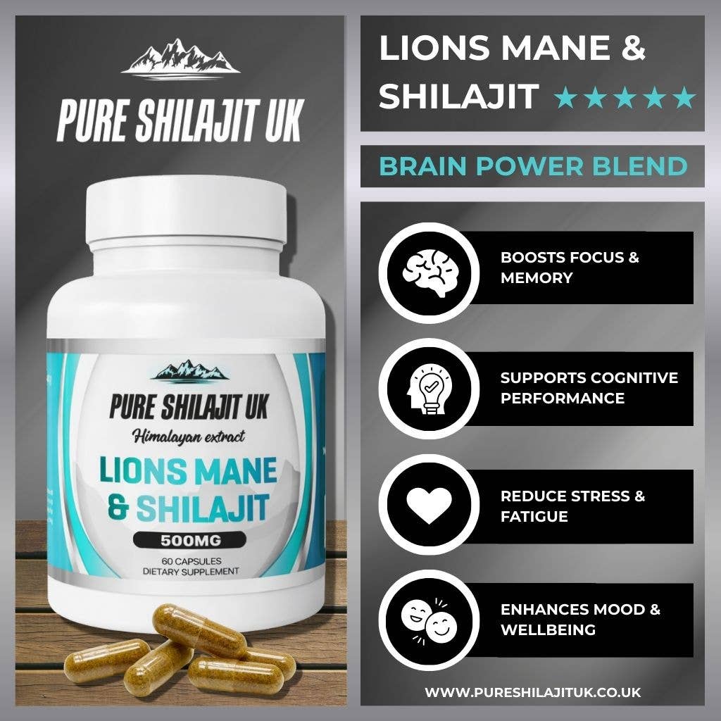 Pure Shilajit UK – wholesale Oralt tillskott/Vitamin – Lion’s Mane & Shilajit Kapslar – Daglig Fokusblandning1