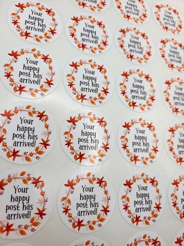 X35 Happy Post Stickers For Parcels, Autumn Wreath Labels for wholesale by The Sticker Scene