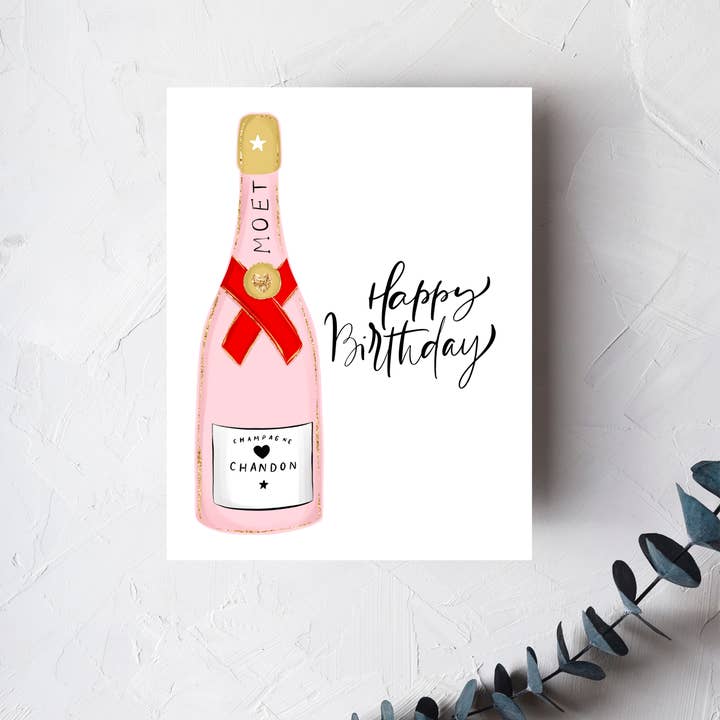 Happy Birthday - Biglietto d'auguri rosa champagne per la vendita all'ingrosso da parte di Urban Belle Designs