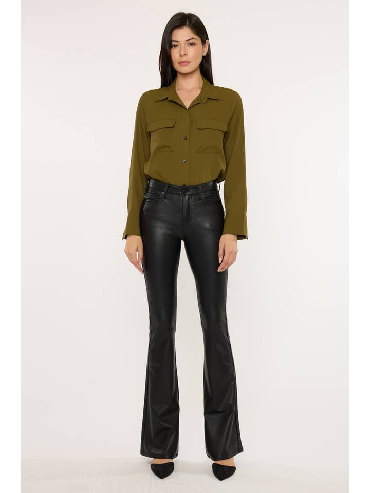 NOIR OUVRIR LE PAQUET PANTALON ÉVASÉ EN CUIR VÉGÉTALIEN TAILLE MI-HAUTE-KC6102PBK en vente sur Faire5