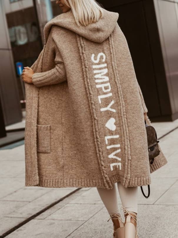 Cozy Hooded Knit Cardigan with Simply Live Print for wholesale by Rosa Clothing