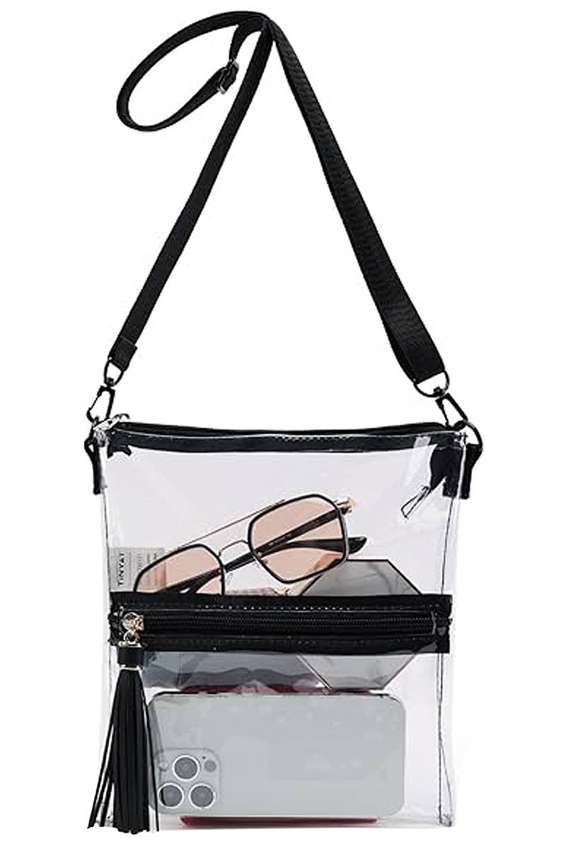 KLAR/SCHWARZ Strapazierfähige transparente PVC-Umhängetasche für den Großhandel auf Faire0