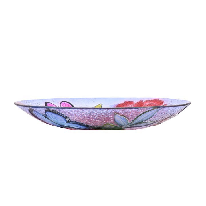 Hi-Line Gift Ltd. - Wholesale Bird Bath - Solar Led Floral Glass Bird Bath - Butterflies & Peonies