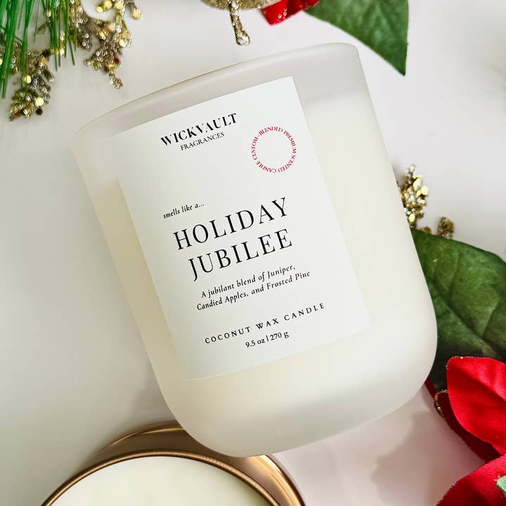 Holiday Jubilee - 9.5 oz Frosted Glass Fall Home Coconut Soy Wax Candle w/ Wooden Wick for wholesale by Wick Vault Fragrances