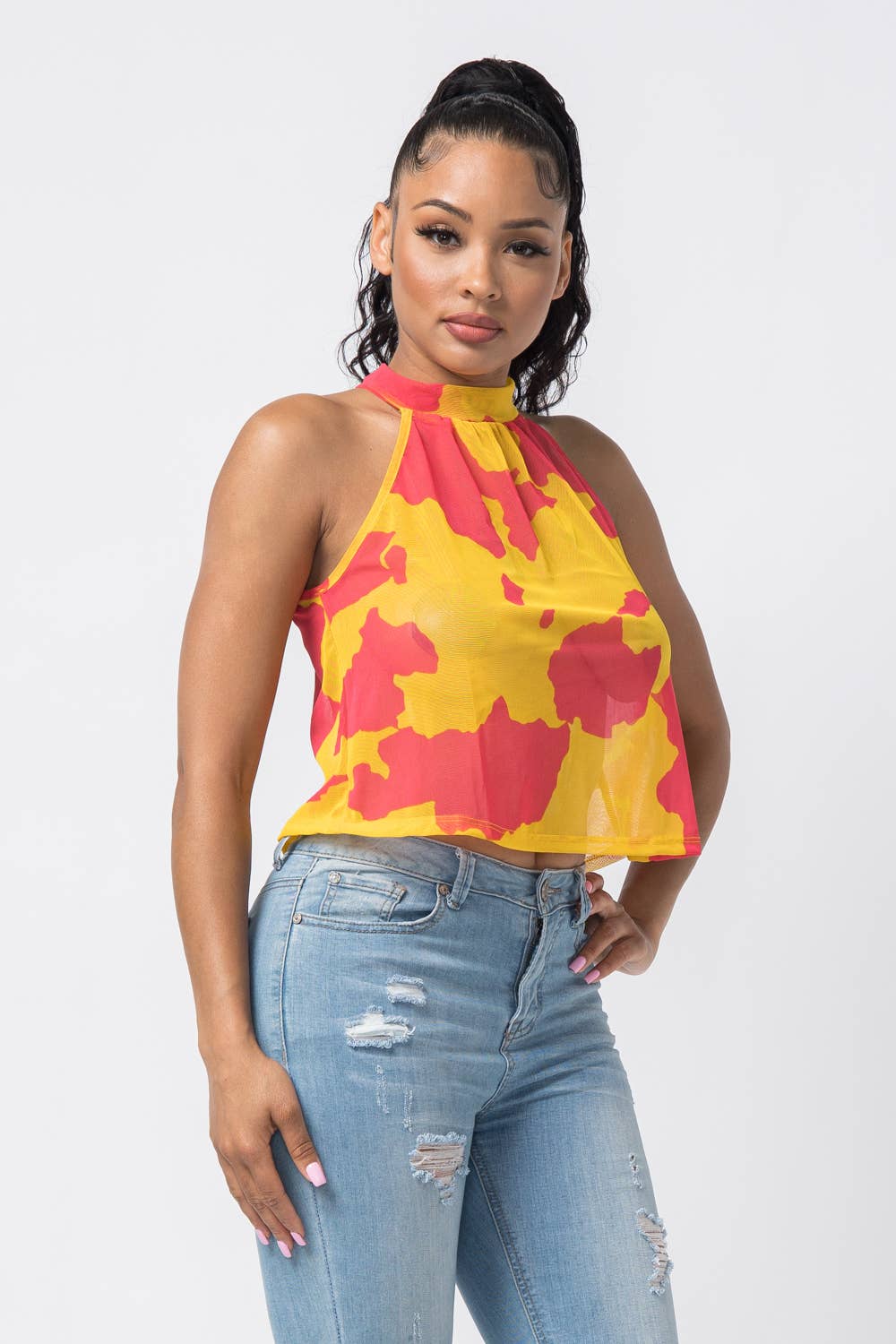 Giallo-Rosso Top senza maniche con scollo all'americana e stampa in vendita all'ingrosso su Faire1