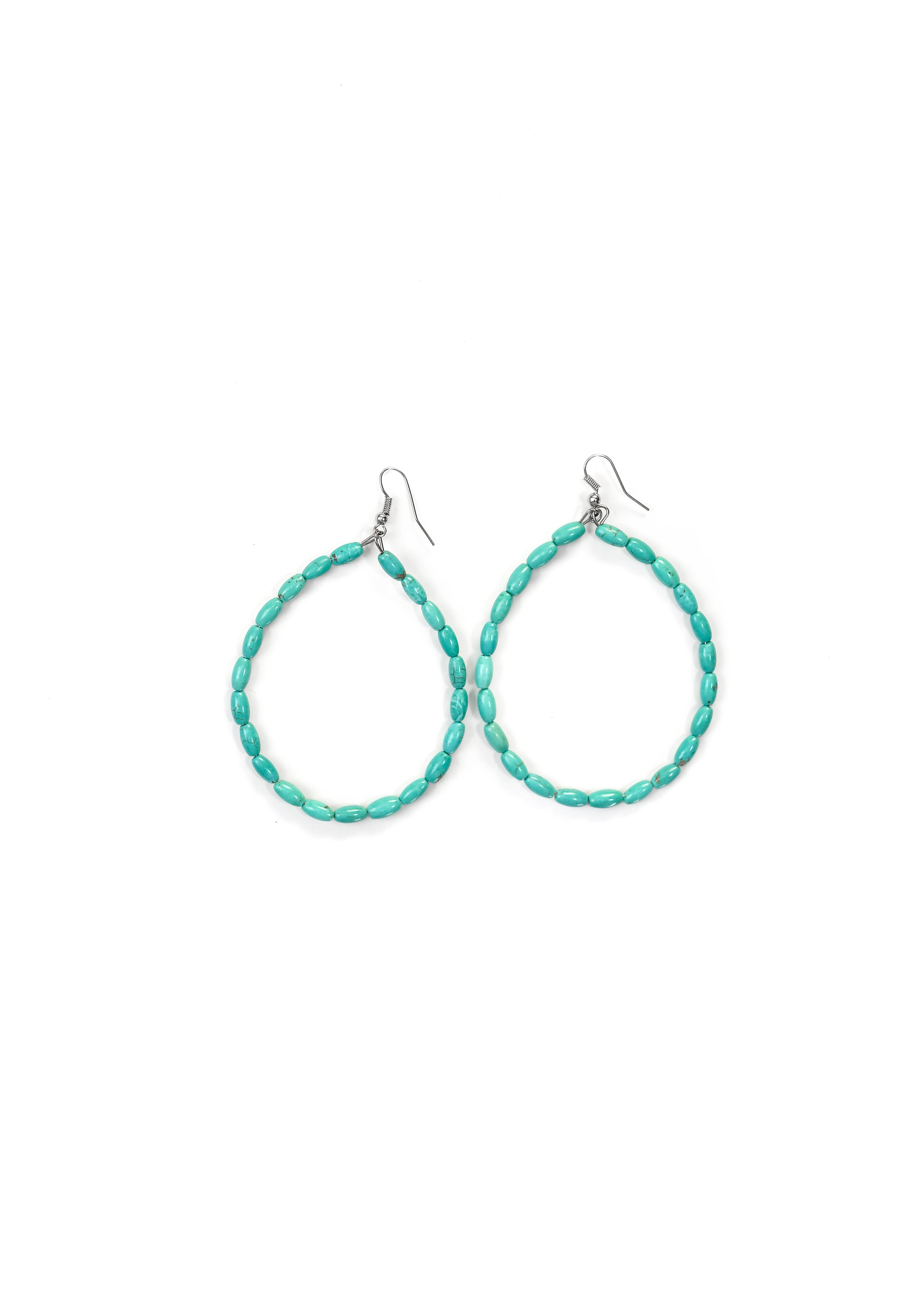 West & Co. - Wholesale Dangle Earrings - (SALE) 3" Green Turquoise Beaded Hoop Earring on Fishhook3