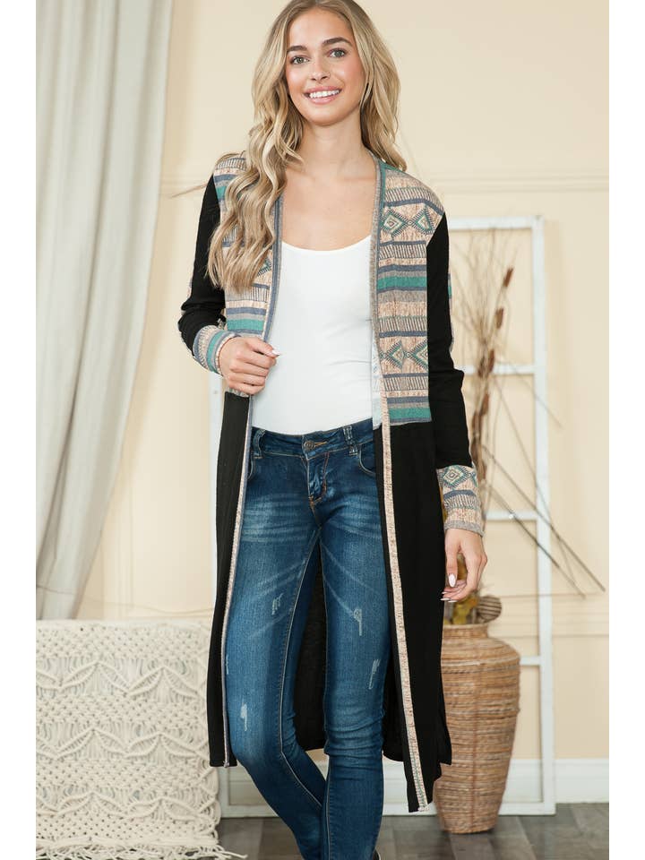 Tribal Print Mixed Media Maxi Cardigan with Side Pockets-2 for wholesale on Faire2