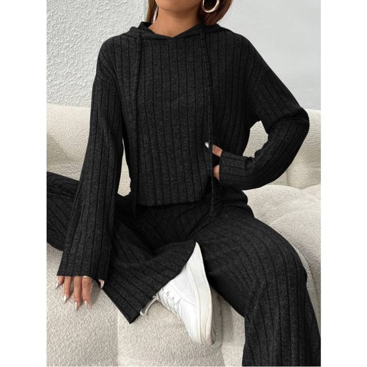 BRUSHED RIB HOODIE LONG SLEEVE TOP AND PANTS SET for wholesale by Mapcie