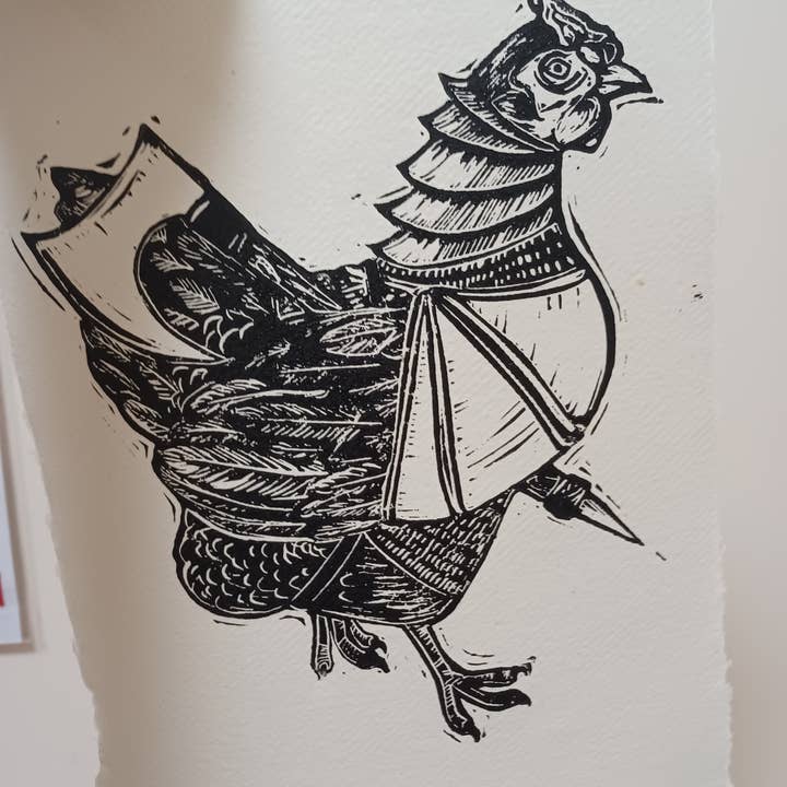 Hunter's Chicken A4 Lino print for wholesale by Minifi's Oddities