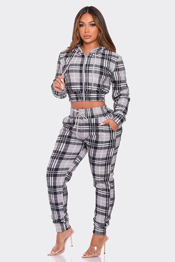 Lime All the Time - Vendita all'ingrosso Completo loungewear - Donna - Completo 2 pezzi con felpa con zip e pantaloni jogger a quadri0