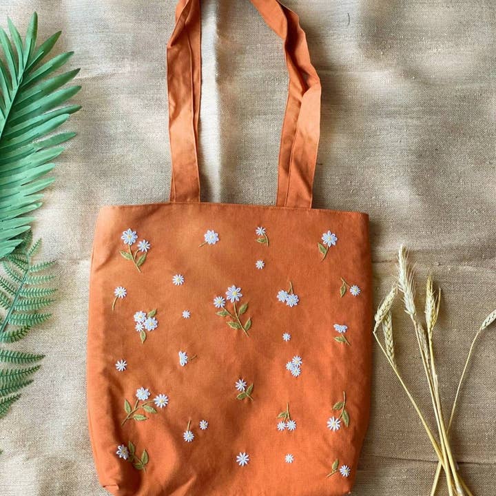 Daisy Embroidered Orange Linen Bag ✅ for wholesale by Quince Fables