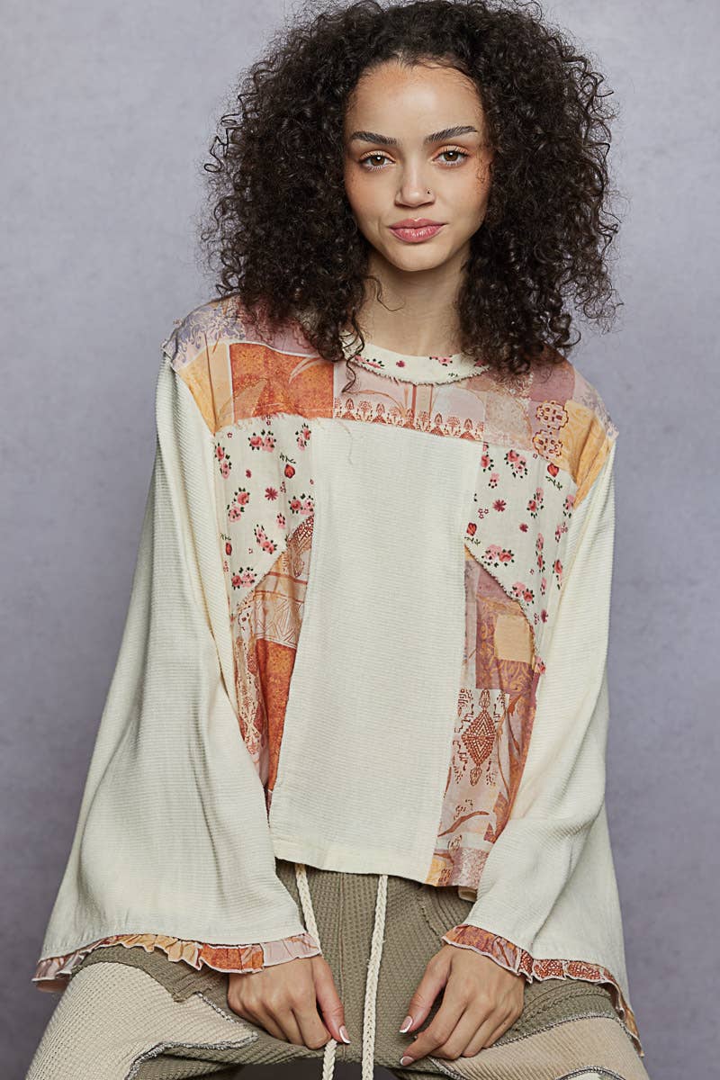 Pol Clothing - Wholesale Blouse - Women's - Long sleeve double gauze printed woven contrast top11