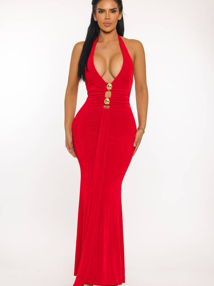 HCCD72549 & HALF-HOLLOW HALTER NECK STRETCH MAXI DRESS for wholesale by BANJUL