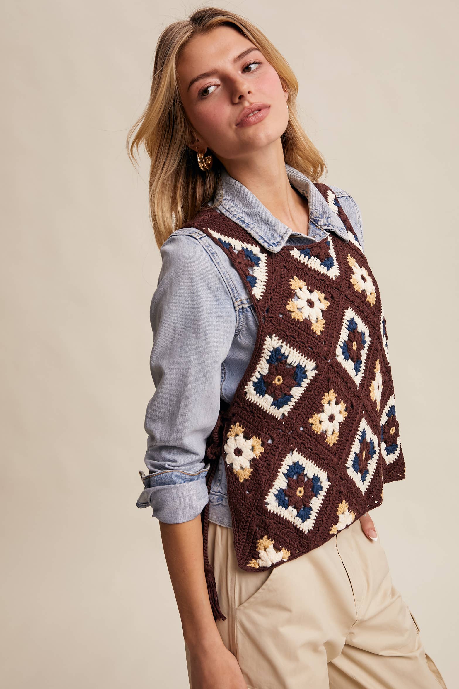 Listicle - Wholesale Sweater Vest - Women's - Crochet Granny Square Tassel Tie Vest LSW10065