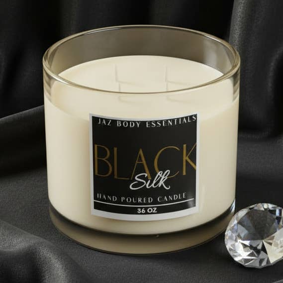 Candela in seta nera a 4 stoppini 36oz per la vendita all'ingrosso da parte di Jaz Body Essentials