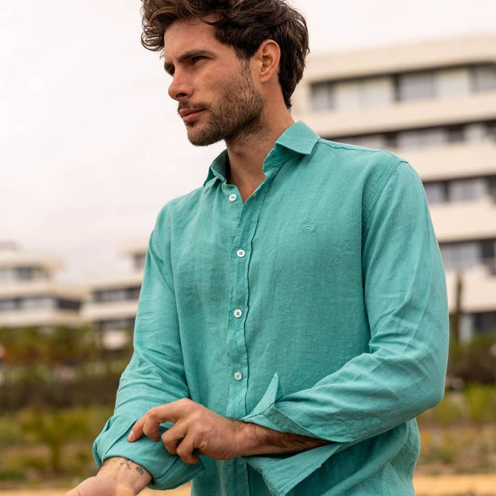 Turquoise Blue Linen Shirt | Lanzarote for wholesale by Custi Mikelo