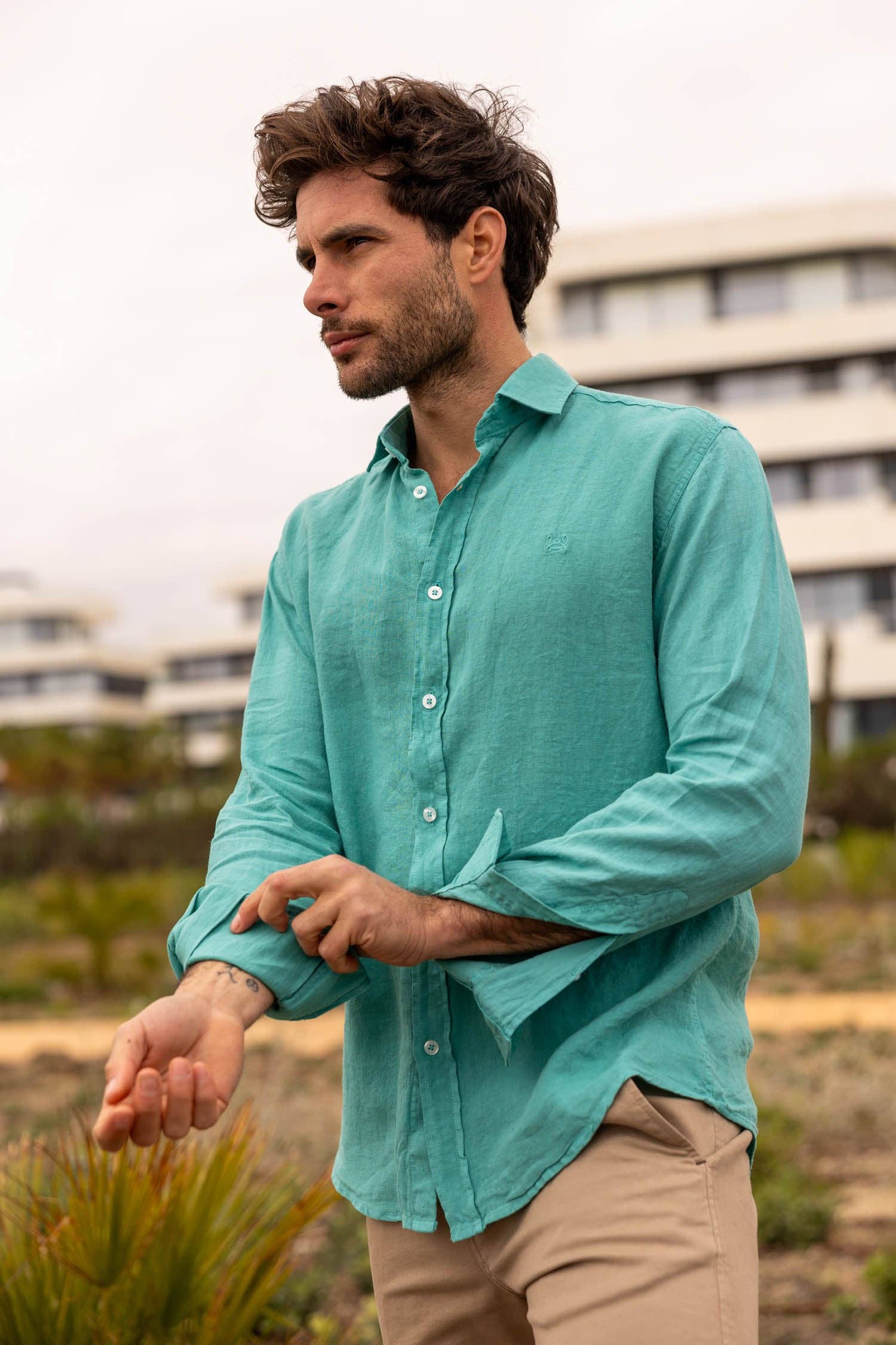 Custi Mikelo: Men's Clothing & Christmas Gifts - Wholesale Button Down Shirt - Men's - Turquoise Blue Linen Shirt | Lanzarote