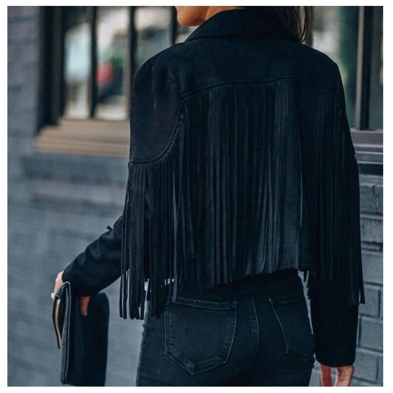 Plush Looks - Wholesale Jacket - Women's - Solid Color Lapel Long Sleeve Fringe Jacket1