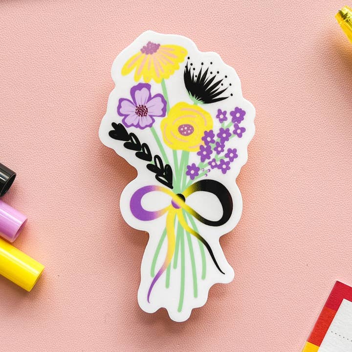 The Harpy Otter Co - Wholesale Sticker - NonBinary Pride Flag Floral Bouquet Sticker0