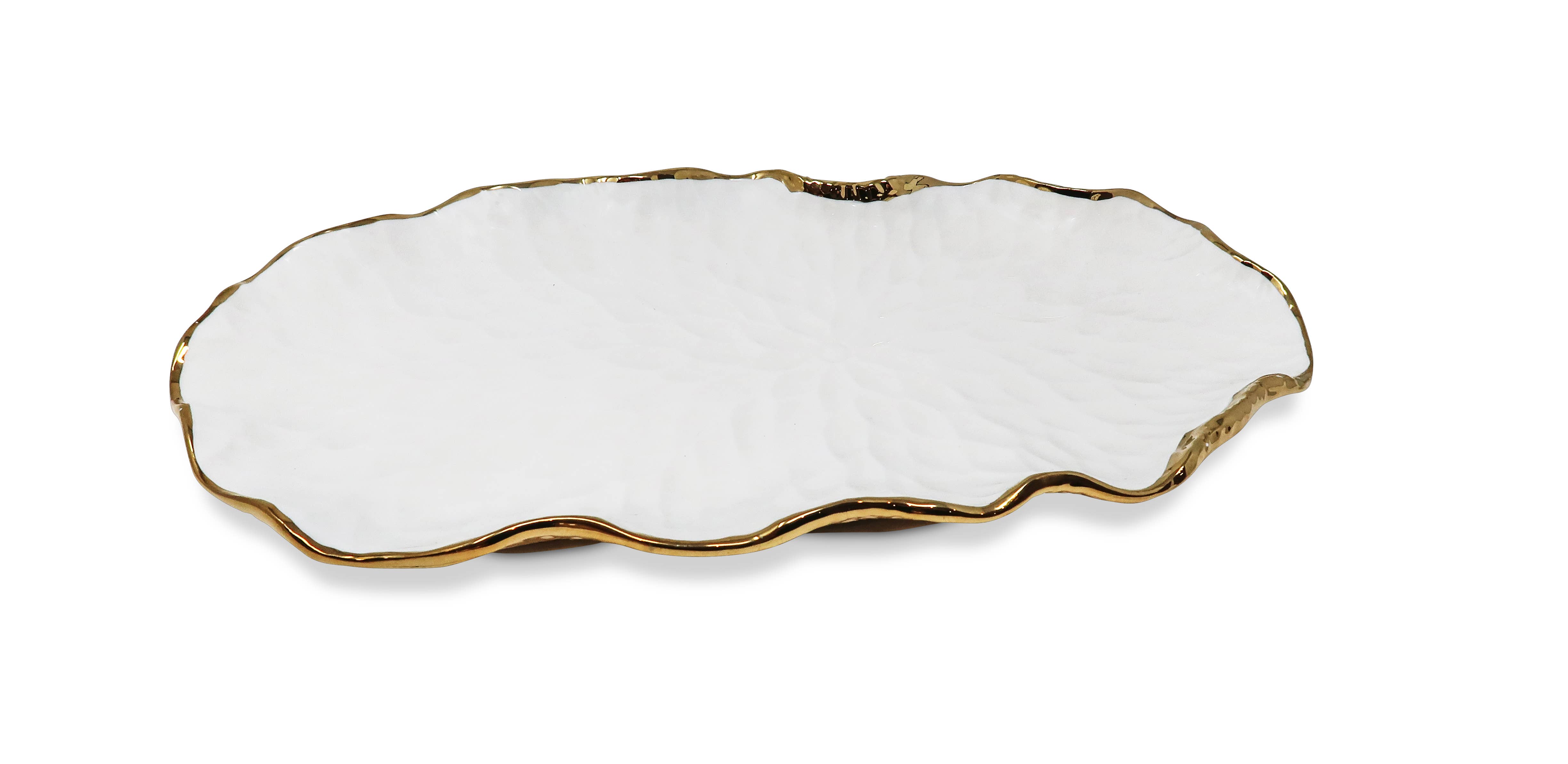 VIVIENCE - Wholesale Decorative Tray - White Oval Tray New Bone China with Gold Scalloped Edge1