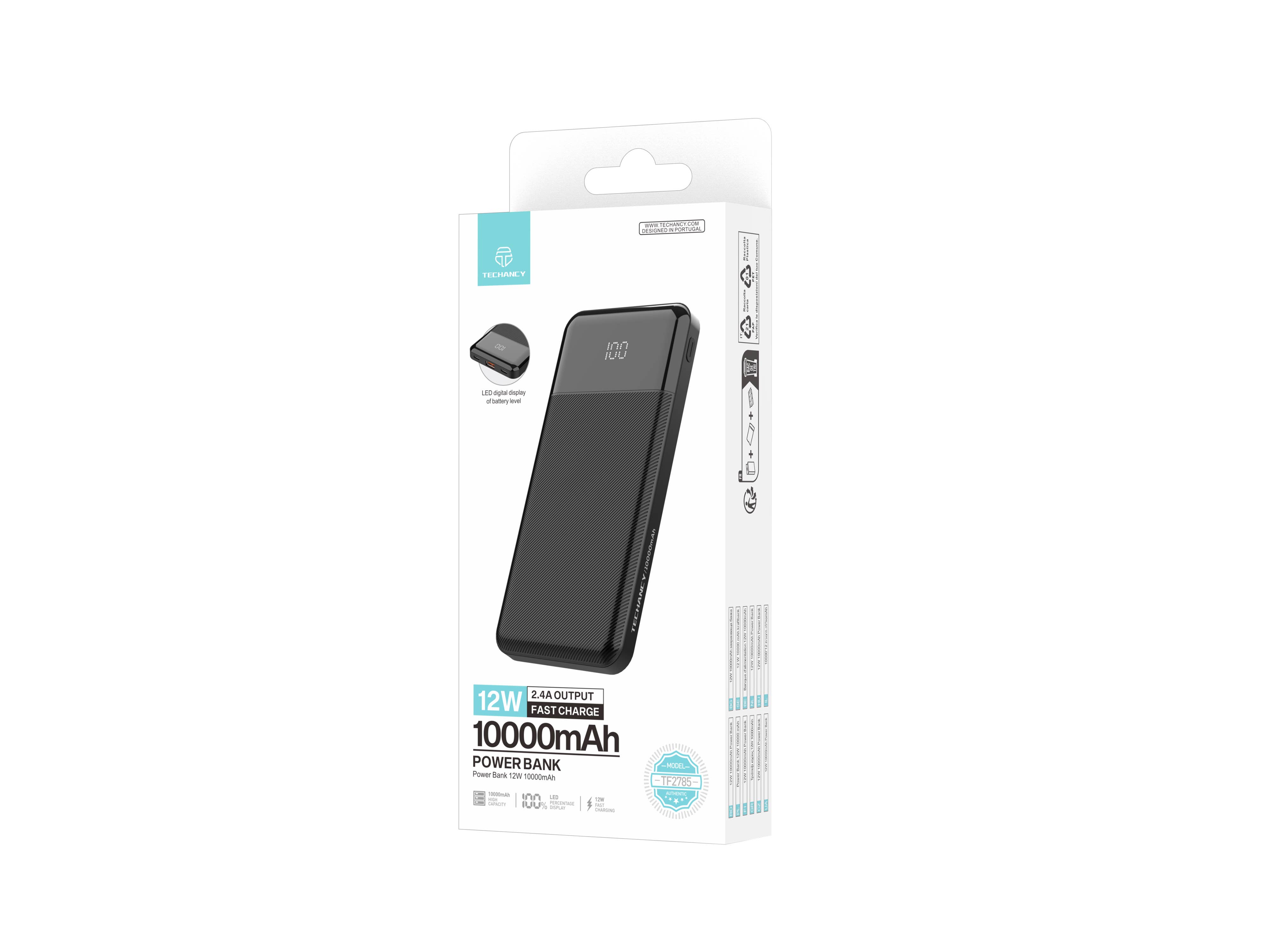 TECHANCY - Vendita all'ingrosso Caricatori portatili - Techancy Power Bank TF2785, 10000mAh, Ricarica Rapida 12W, 2.43