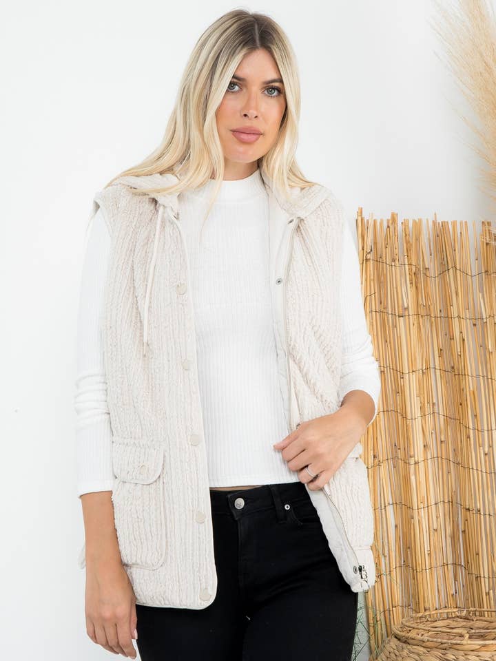 Lt Tan Textured Faux Fur Quilted Line Hoodie Vest for wholesale on Faire