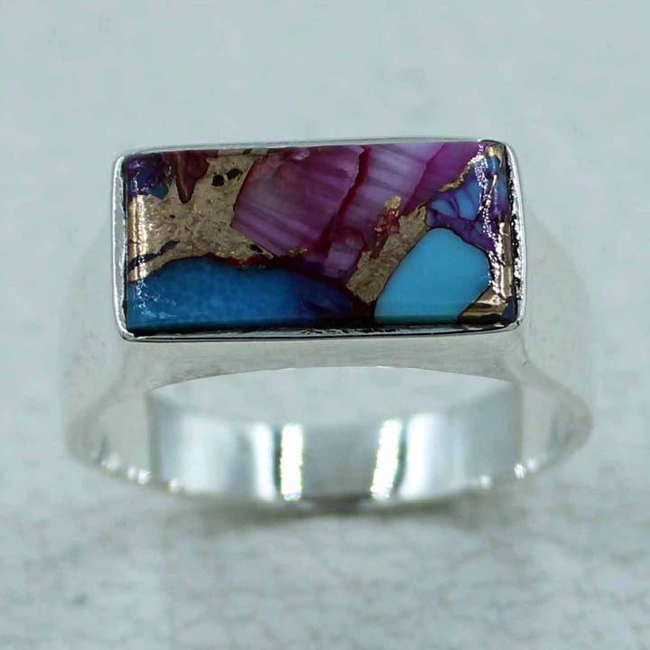 Bague en argent sterling avec huître pourpre et turquoise pour la vente par Silvex Jewelry
