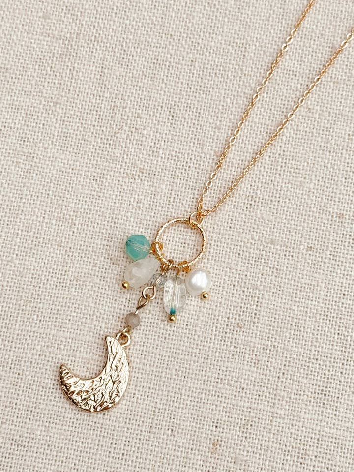 Gold Celestial Moon Charm Necklace with Pearl & Gemstones for wholesale by Gracie Rose Designs