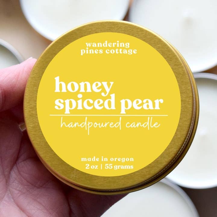 Honey Spiced Pear - 2 oz Gold Tin Travel Candle for wholesale by Wandering Pines Cottage