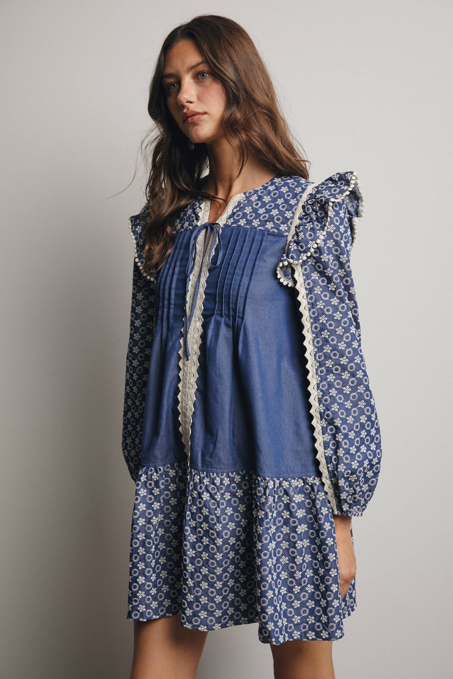 Denim Patchwork Lace Trim Mini Dress FD0012 for wholesale on Faire5