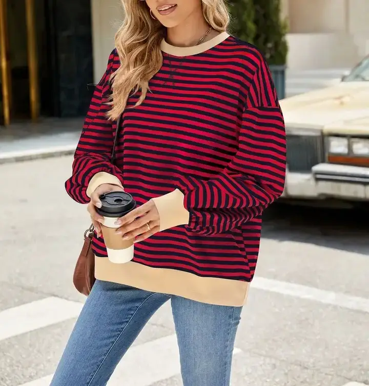 Lovesoft - Wholesale Knit Sweater - Women's - Striped Crew Neck Contrast Color Loose Long Sleeve Sweater18