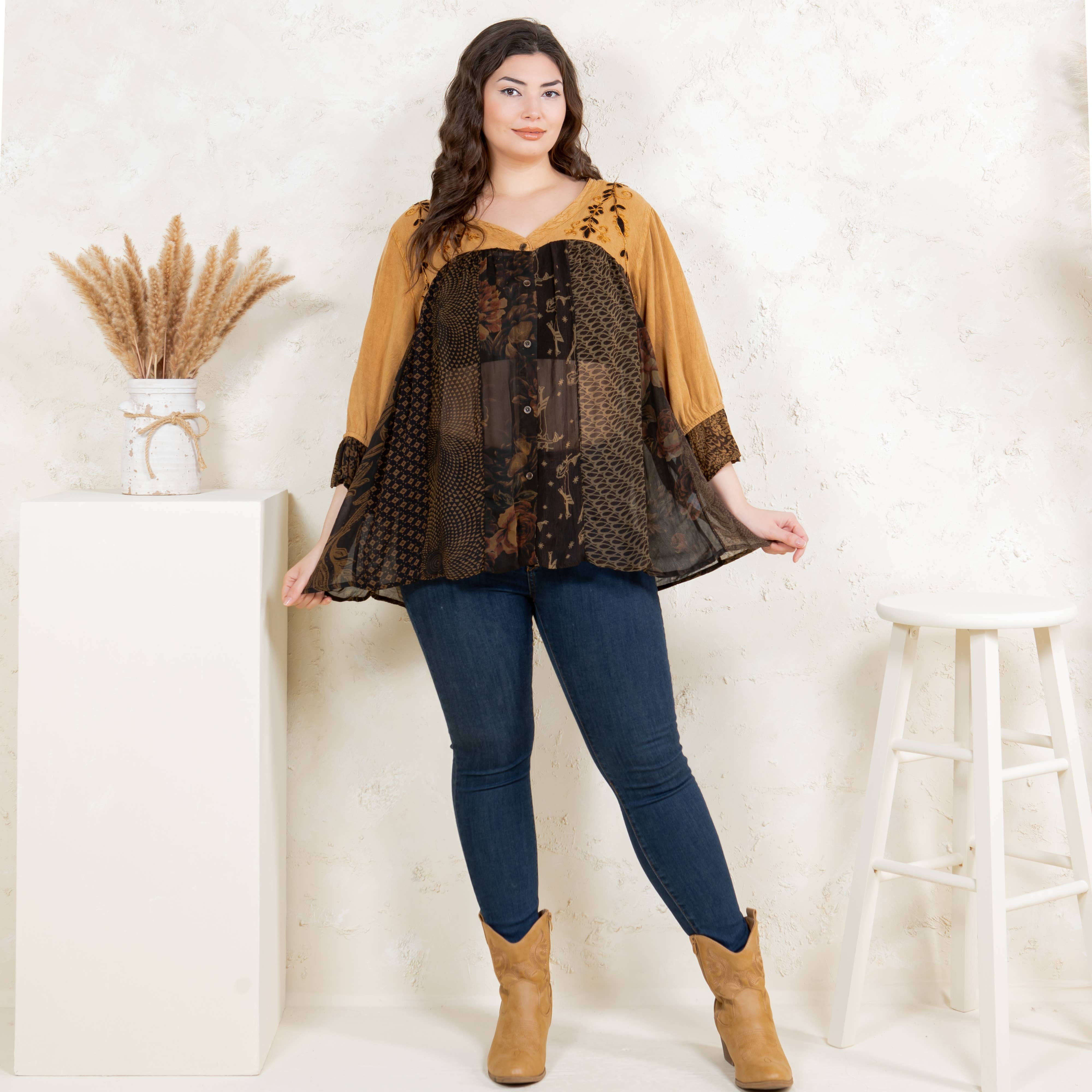 Young Threads - Wholesale Button Down Shirt - Women's - Boho Delight: Overdyed Rayon V-Neck Top14