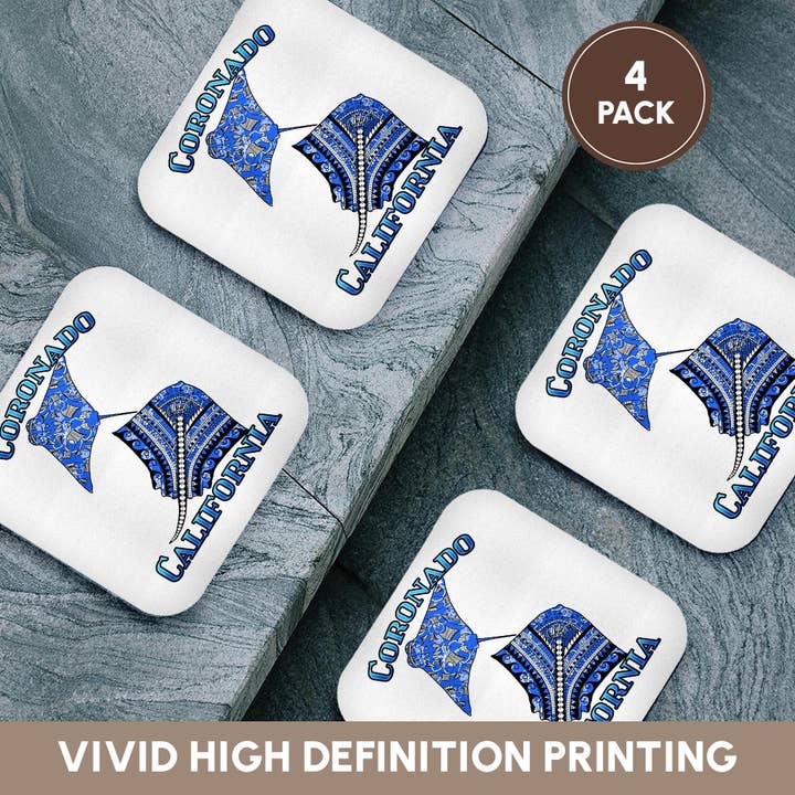 3dRose - Venta al por mayor Posavasos - 3dRose, Manta raya tribal azul para cualquier vacación en Coronado, California, Posavasos12