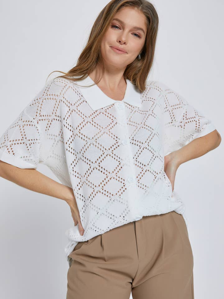 Blomma Knapp Stickad Topp P90110 för wholesale av Petal Dew