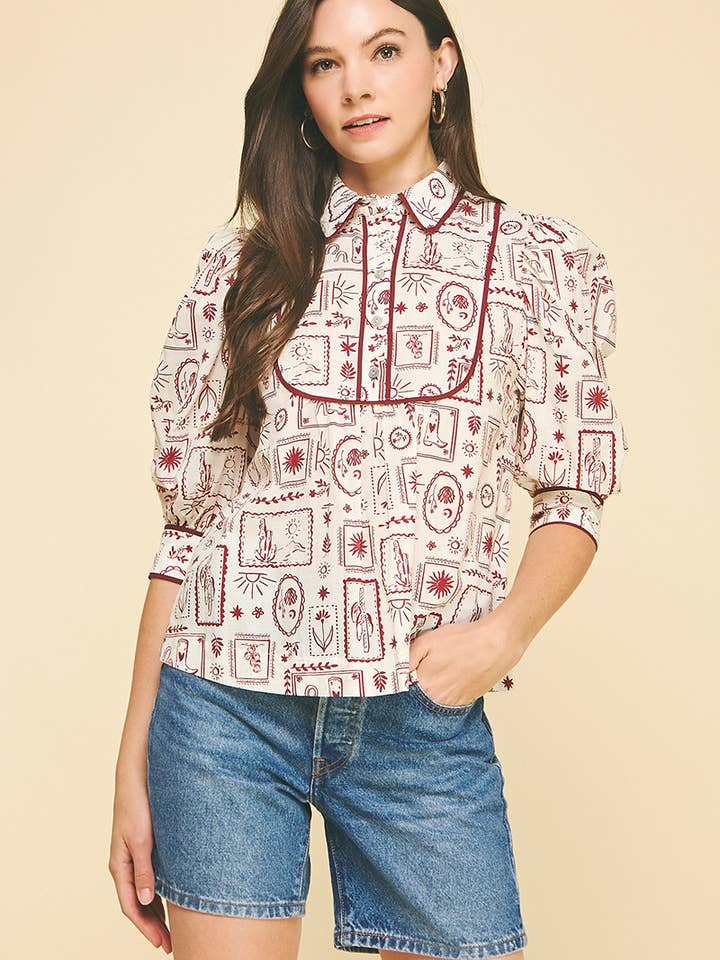 PRINTED BUTTON DOWN BLOUSE TOP - 6181T for wholesale by PINCH