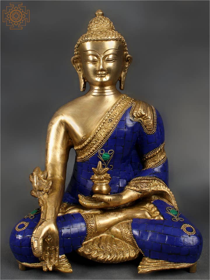 Bouddha bouddhiste tibétain Lapis de guérison en laiton, 11 pouces pour la vente par Exotic India Art