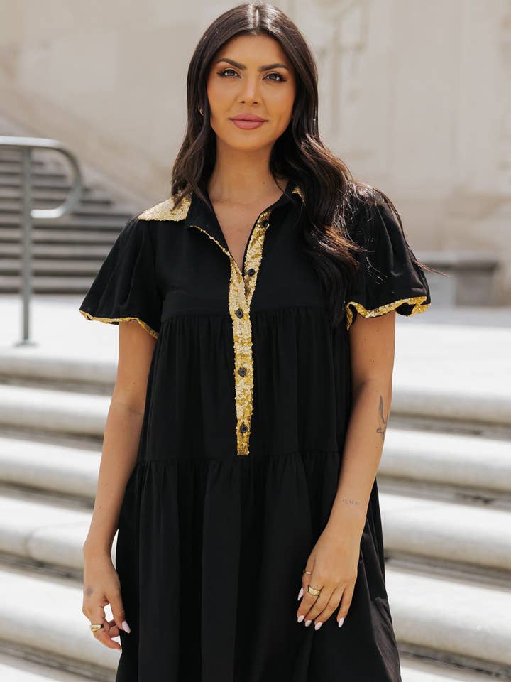 Hemdkleid mit Paillettenbesatz und Blasenärmeln für den Spieltag für den Großhandel von Lovesoft