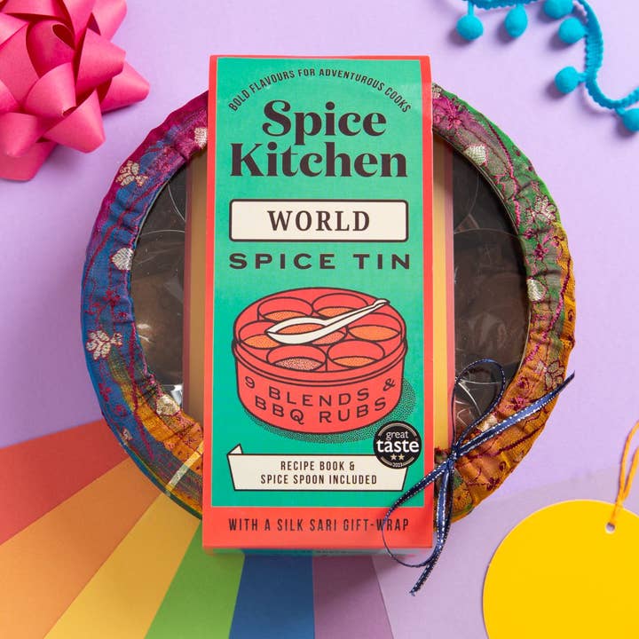 World Spice Tin Blends & Rubs and Silk Sari Wrap for wholesale by Spice Kitchen