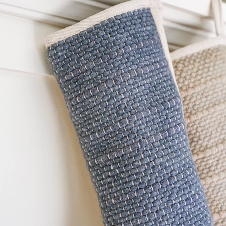 NOEL by Alma Home – wholesale Holiday Stocking – Woven Wool Boho Christmas Stockings in Blue Grey