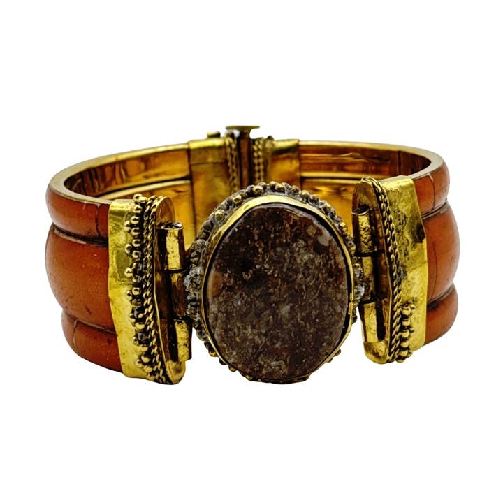Bracciale in Ottone e Osso d'Ispirazione Vintage con Pietra Ovale in Agata per la vendita all'ingrosso da parte di Treasure Jewelry