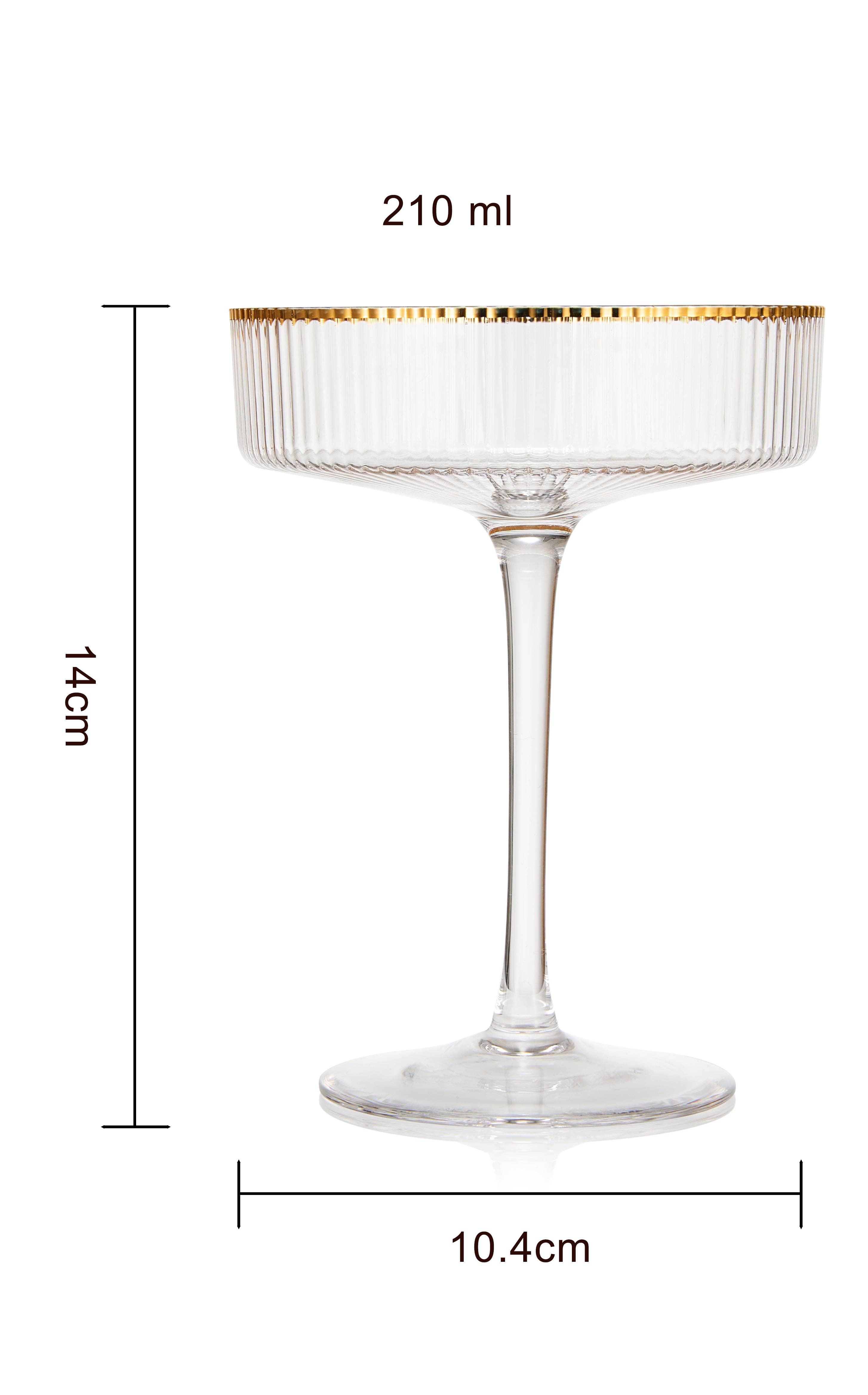 The Wine Savant /  Khen Glassware - Wholesale Cocktail/Liquor Glass - Ribbed Art Deco Gilded Crystal Coupe  Glasses | Set of 22